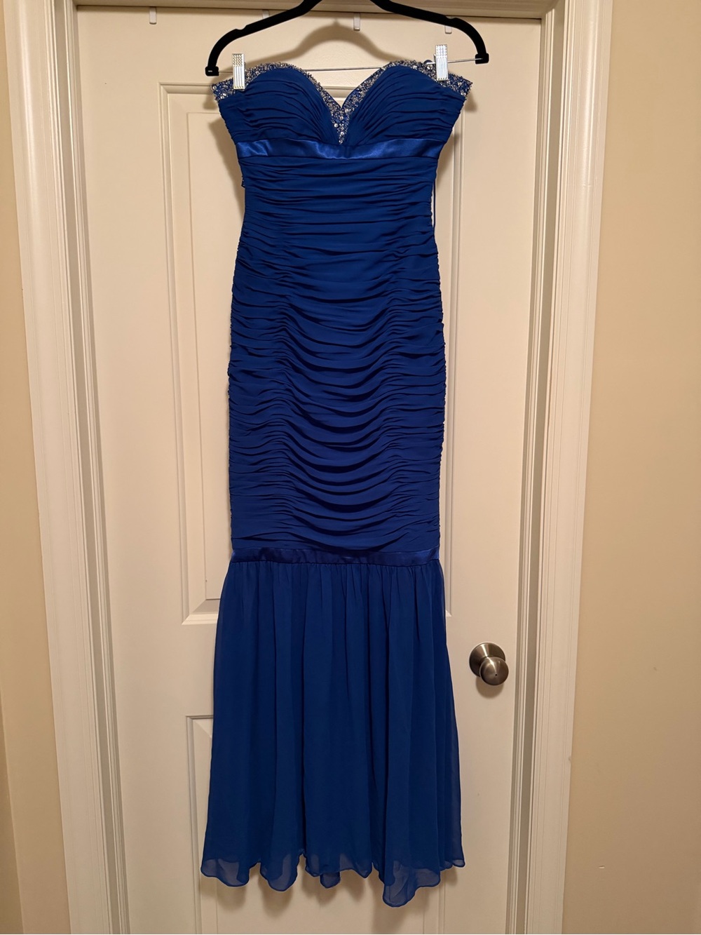 Vintage Faviana Couture Strapless Royal Blue Ruched Evening Dress